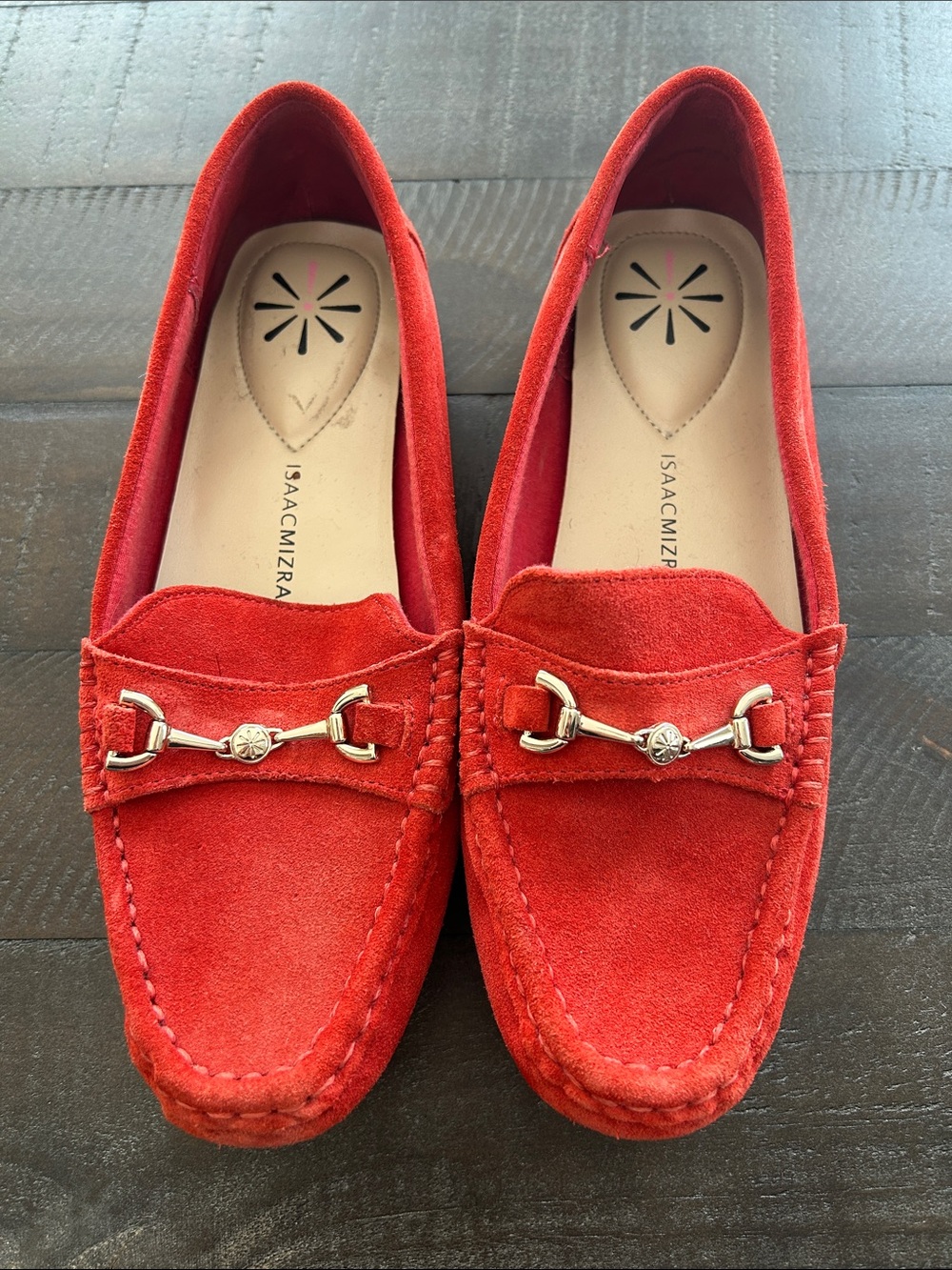 Isaac Mizrahi Burnt Orange Suede Loafers with Silver Horsebit Accent